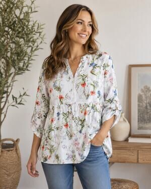 JNY Jones New York 2X Linen Blend Floral Peplum Blouse Roll Tab Sleeves White